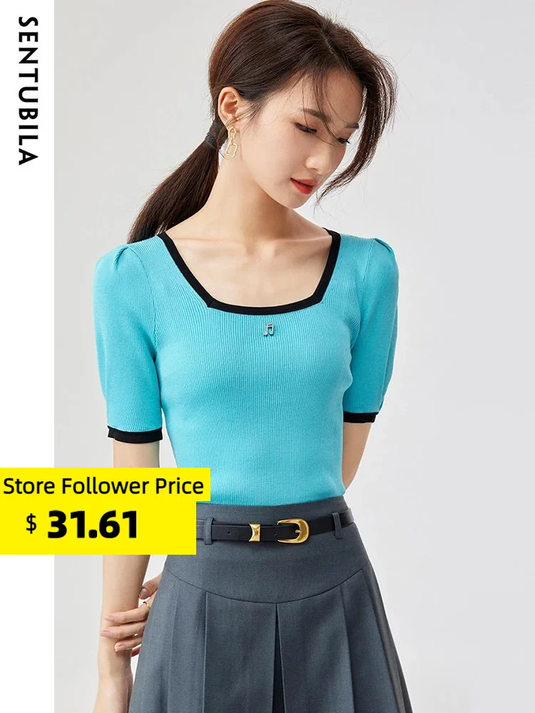 

Sentubila Simple Summer Sweater T Shirts for Women 2023 Black Square Collar Short Puff Sleeve Blue Base Knitted Tops Slim Tees