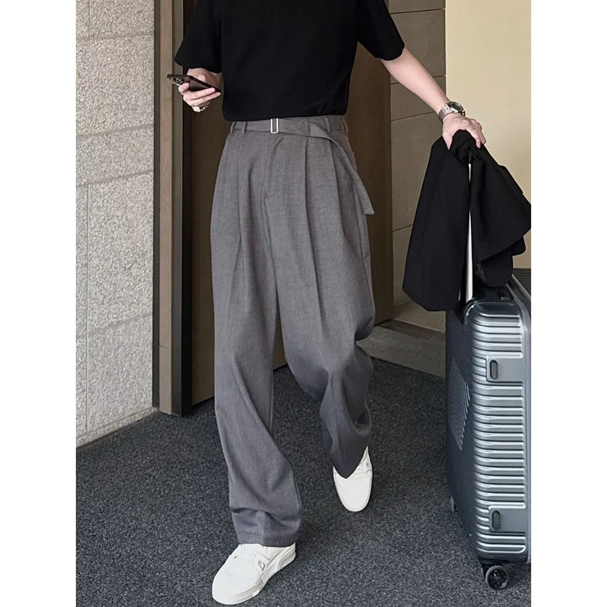 남성 한국 streetwear 패션 느슨한 빈티지 허리띠 캐주얼 스트레이트 정장 ..