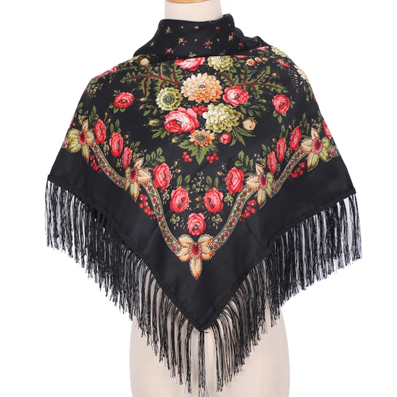 90*90CM Russian Printed Floral Scarf Women‘s Big Size Square Handkerchief Bandana Retro Ethnic Fringed Shawl Babushka Head Wraps