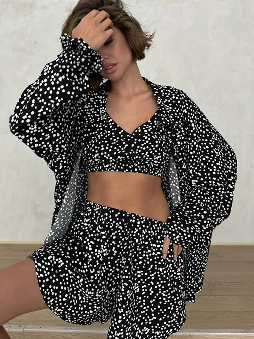 Mathaqiqi Printing Women Nightgowns 3 Piece Suit Turn-Down Collar Nightie Long Sleeve Pajama Tank Tops Pijama Shorts Pyjamas Set