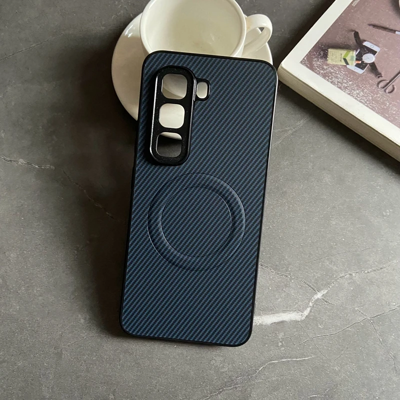 Magnetic Carbon Fiber Textured PU Leather Phone Case with Mag-Safe and Full Camera Protection