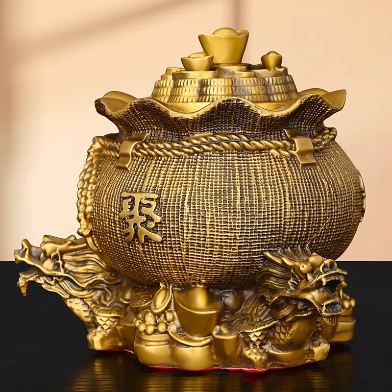 Chinese Brass Money Treasure Bag & Coin Bank, Dragon Head Lid Wealth Pot, Feng Shui Decor for Prosperity Luck, Home Desk Ornamen