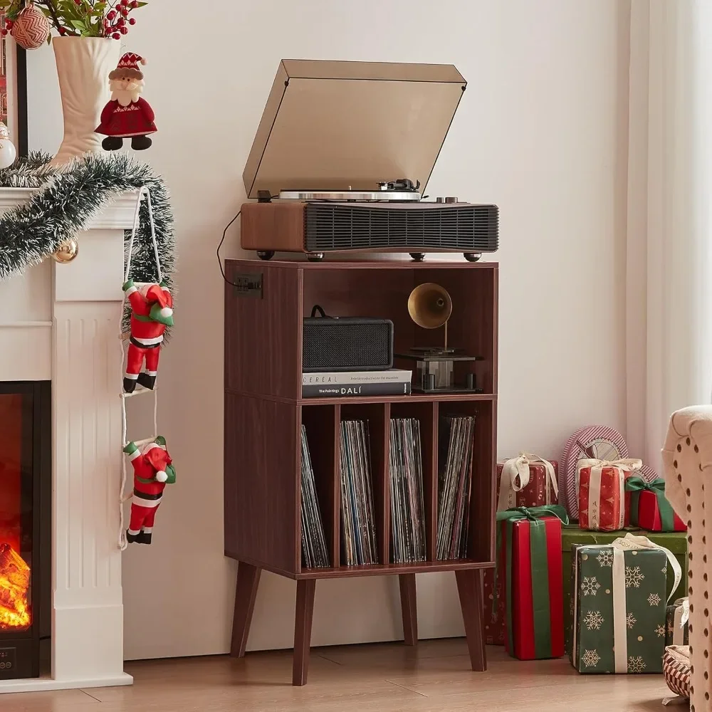 Record Player Stand, Walnut Turntable Stand Holds up to 160 Albums, Mid-Century Vinyl Storage Cabinet Table with Solid Wood Leg