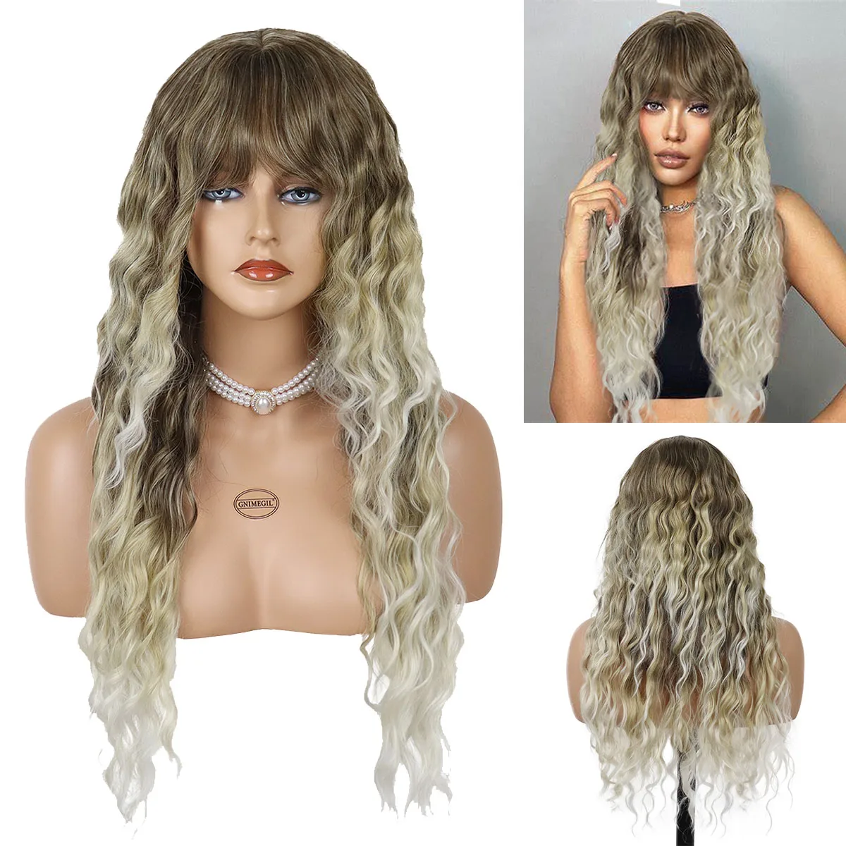 

GNIMEGIL Long Wave Synthetic Wig with Bangs Body Wavy Ombre Blonde Hair Heat Resistant Wig for Women Daily Halloween Cosplay Use