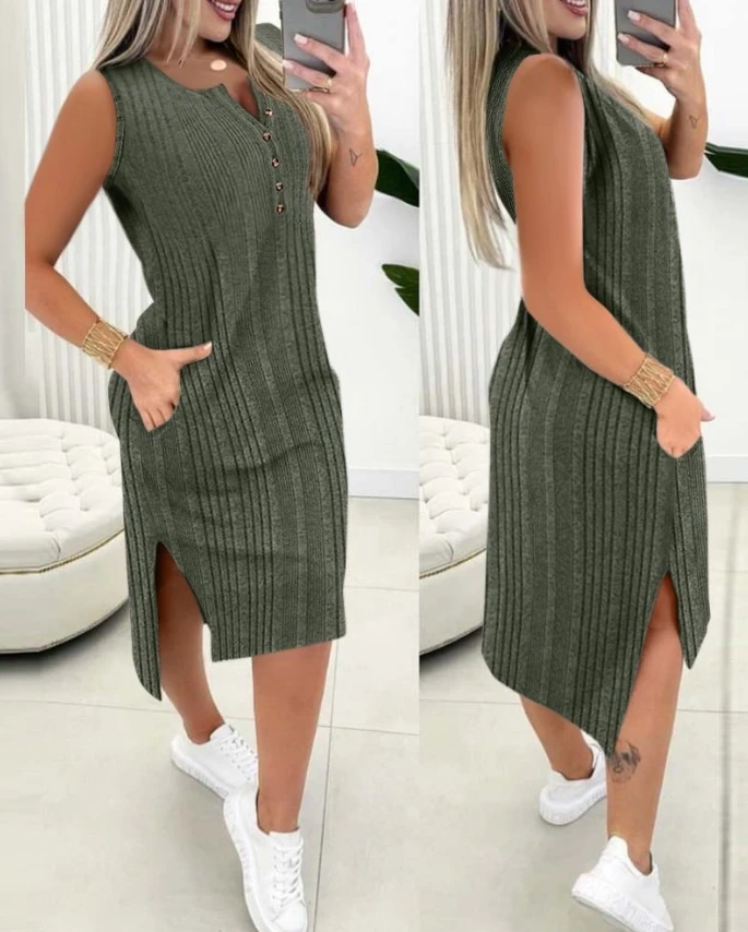 

Summer Fashion New Style Buttoned Pocket Design Ribbed Casual Dress Split Dress with Solid Color Suspender Long Skirt