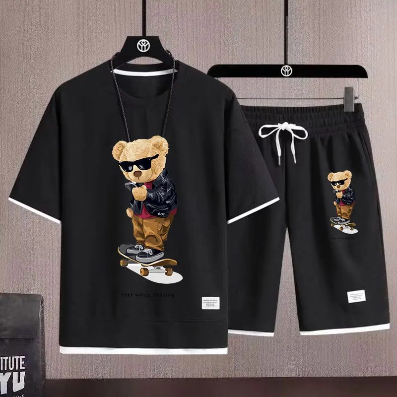 

men Set tshirt for Men's Sports Casual Short Sleeved T-shirt+shorts Two-piece Set of T shirt sport gym Street