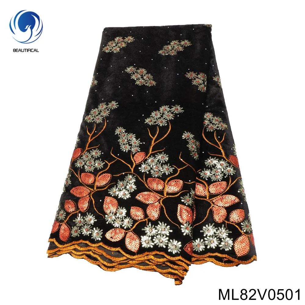 

2023 New Arrival High Quality African Velvet Lace Embroidery Sequins Wedding Prom Fabric for Party Wedding Cloth ML82V05