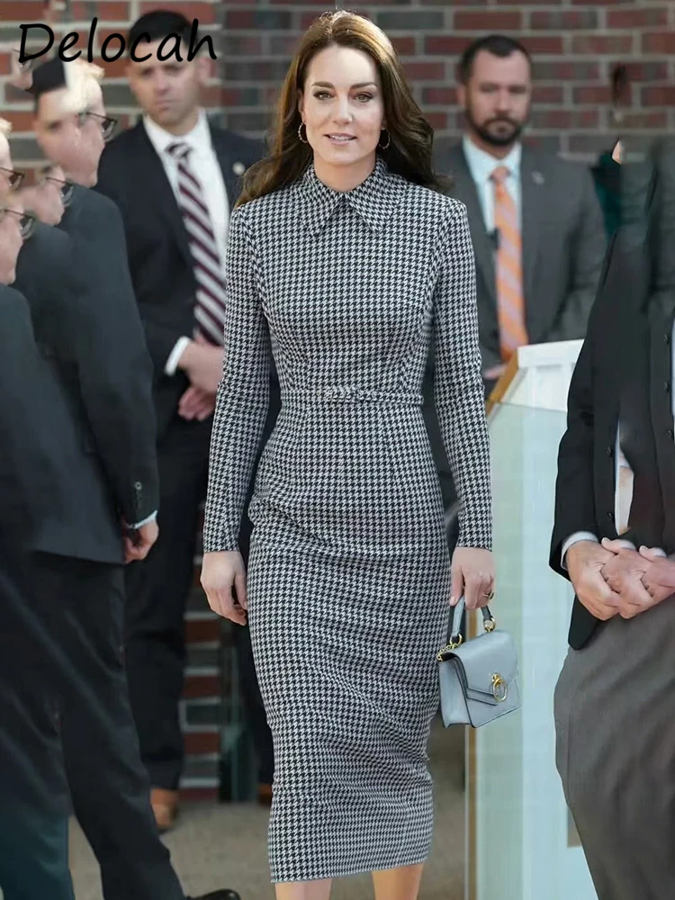 

Delocah высокое качество 2023 весеннее женское модное подиумное платье миди с длинным рукавом и поясом клетчатое платье с принтом элегантное тонкое платье-карандаш