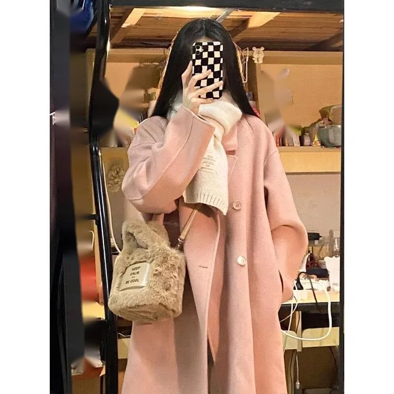 Pink Double sided Cashmere Women's 2023 Autumn/Winter New Korean Loose Mid length Hepburn Style Fleece Coat_voghion.com