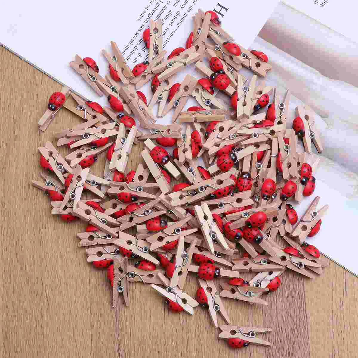 

100Pcs Lovely Wooden Pegs Handmade Red Beetle Photo Clips Note Memo Holder Craft Clips Ornaments Snack Clips for Party Favor
