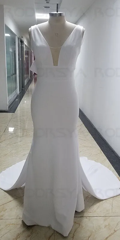 RODDRSYA Mermaid Wedding Dresses 2022 with Detachable Train Bow White Ivory Boho Wedding Bridal Gown V-Neck abito da sposa winter wedding dresses