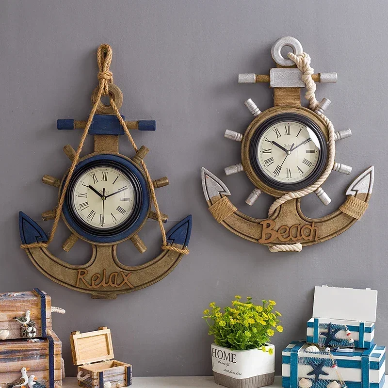 

Mediterranean anchor model retro Room Decor wall clock wooden rudder clock bar old decorations creative home decoration clocks