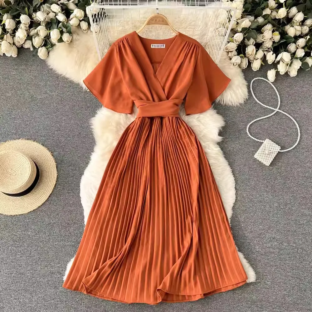 Vestido plisado de falda doble con tirantes y lazo Malva Vintage Tallas Grandes