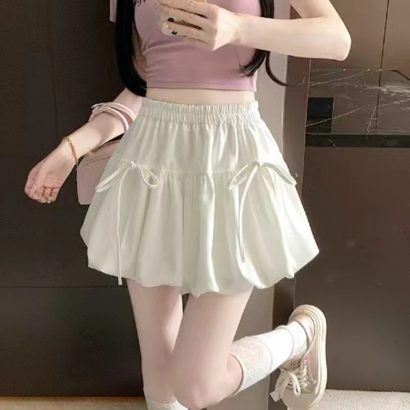 Zjaiss 2026 Summer Ballet Style Bow A-Line Women's Mini Skirts High Elastic Waist Tie Pleated Bud Balloon Skirt 3