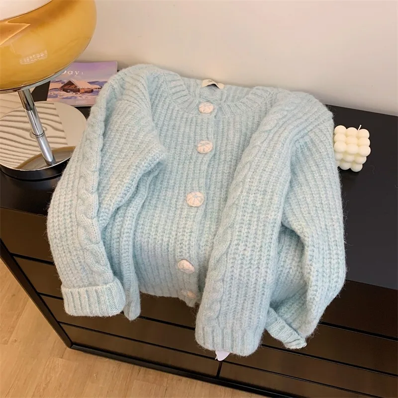 

Gentle Fried Dough Twists Knit Cardigan Women Soft Glutinous O-Neck Sweet Solid Slouchy Korean Winter Lady Light Blue Top Coat
