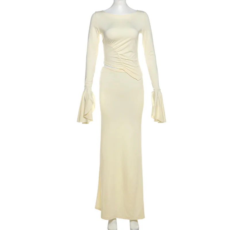 White Slim Patchwork 2 Piece-Set Long Skirt Female Patchwork Cropped Top And High Waist Maxi Skirt Sets Women Sexy Outfits