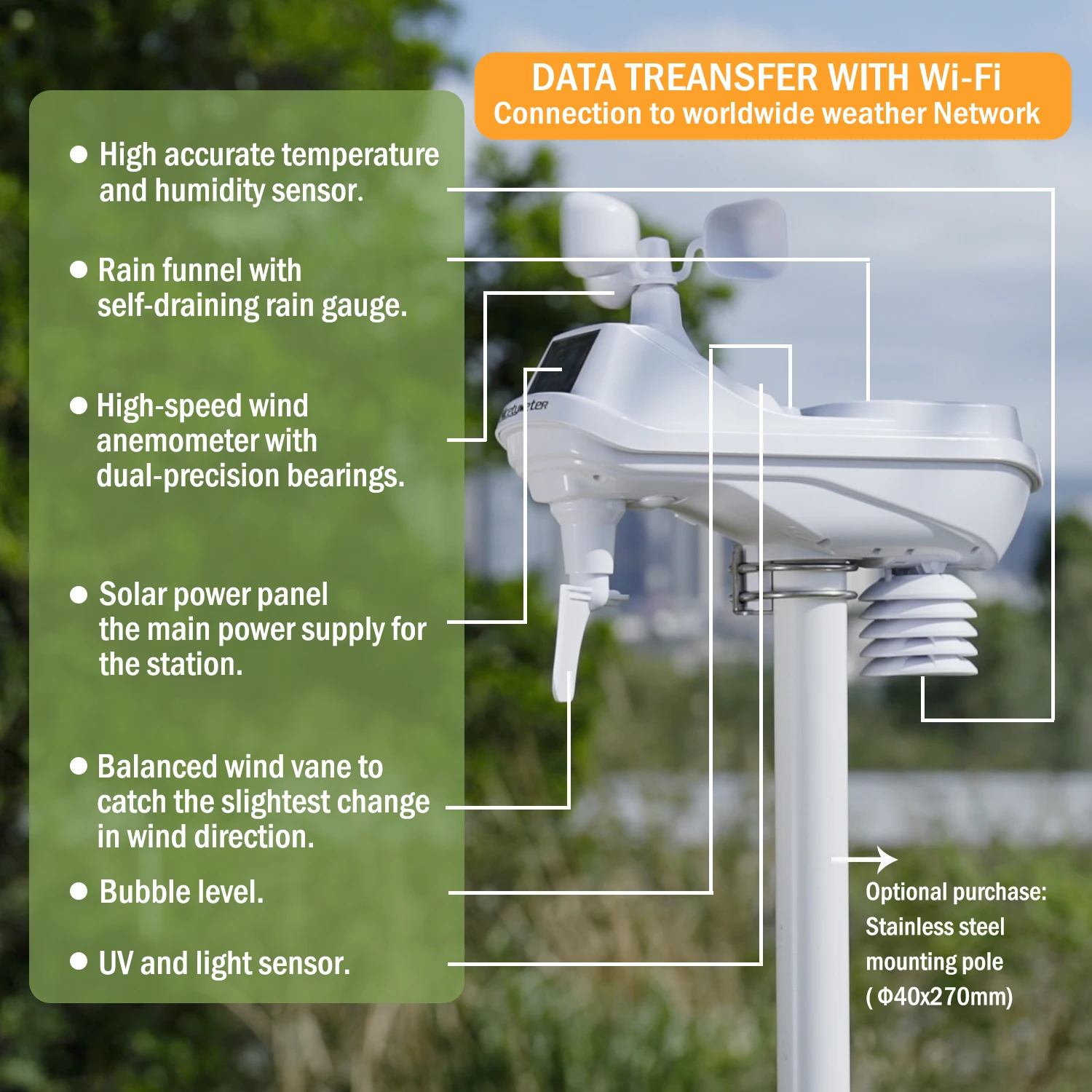 OEM Manufacturer Home Weather station with 7 in 1 Integrated thermo-hygro,  Wind, Rain, UV and Sunlight Sensor