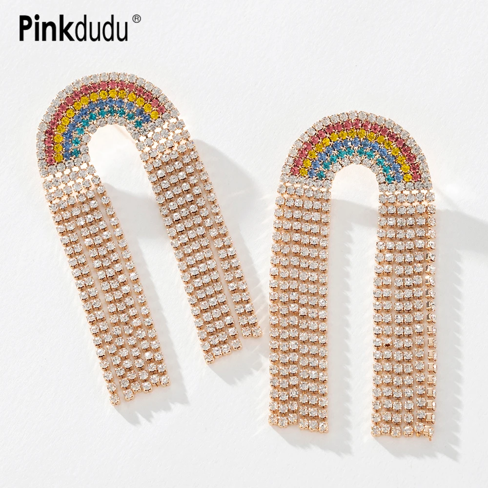

Pinkdudu Multicolor Rainbow Tassel Drop Earrings Exaggerated Bohemian Shiny Zircon Long Earring for Women Jewelry Gifts PD780