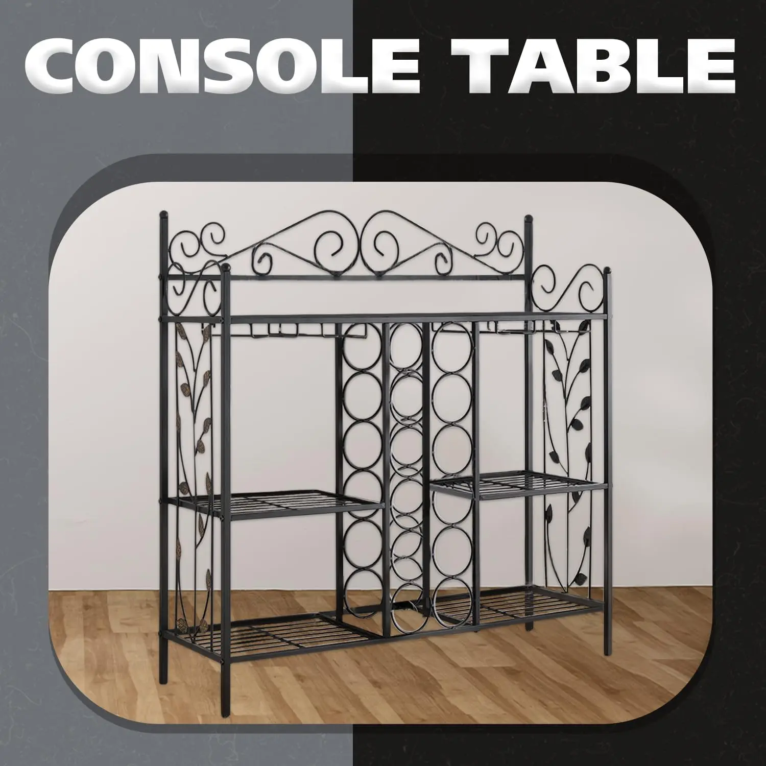 Metal Console Table Wine Rack, Liquor Bar Cabinet with Glass Holder, Sofa Table with Storage Shelves