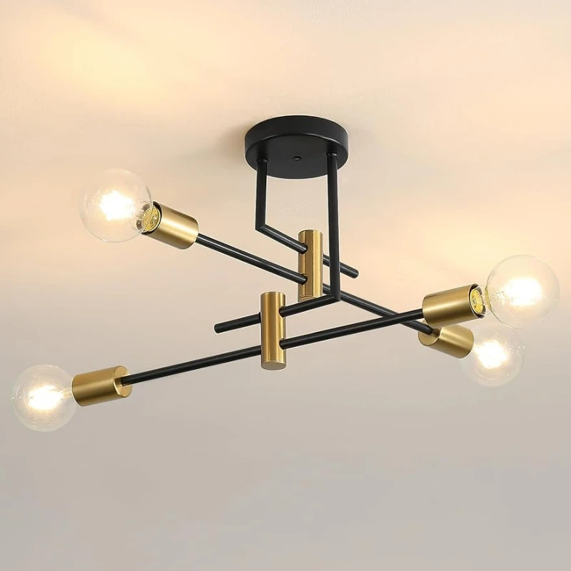 

Sputnik Light Fixture, 4 Light Mid Century Modern Sputnik Chandelier, Black and Gold Plating Finished Ceiling Light Fixture