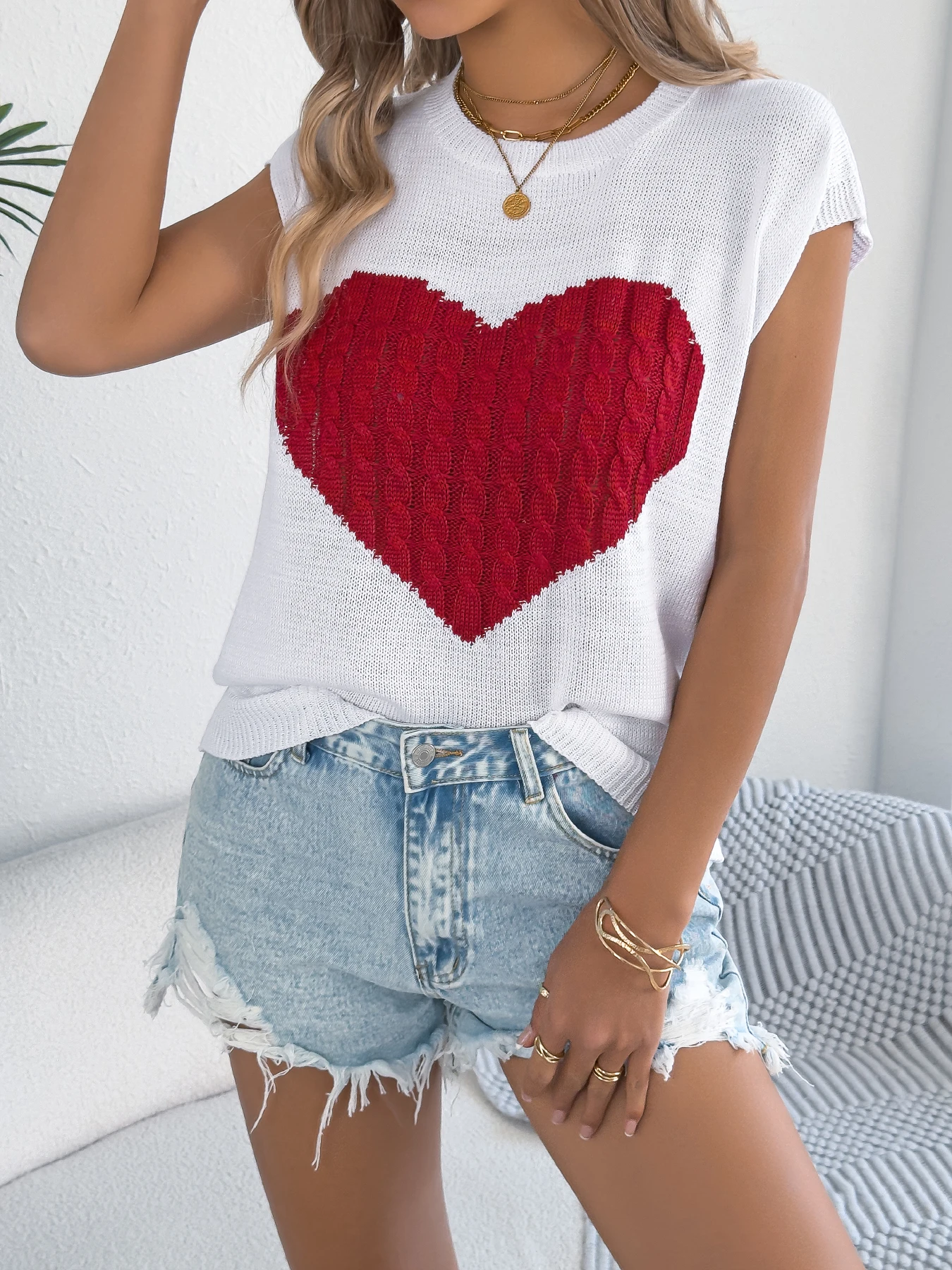 Womens Casual Heart Print Knitted Sweater