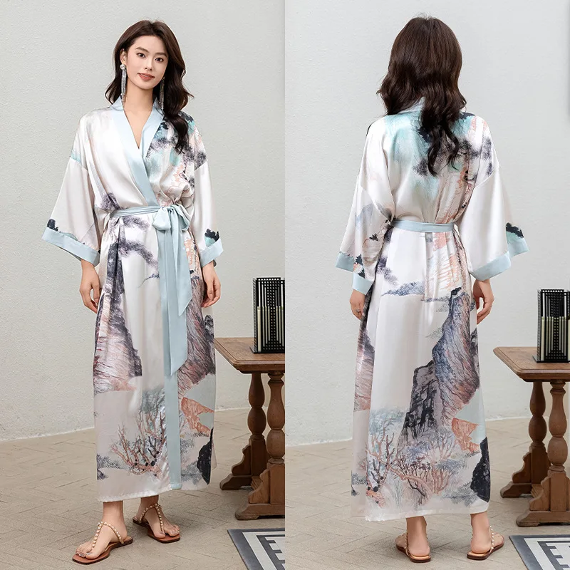 Print Flower Robe Long Bigsize Kimono Bathrobe Gown Women Rayon Sleepwear Loungewear Summer Spring Sleepdress Satin Nightwear