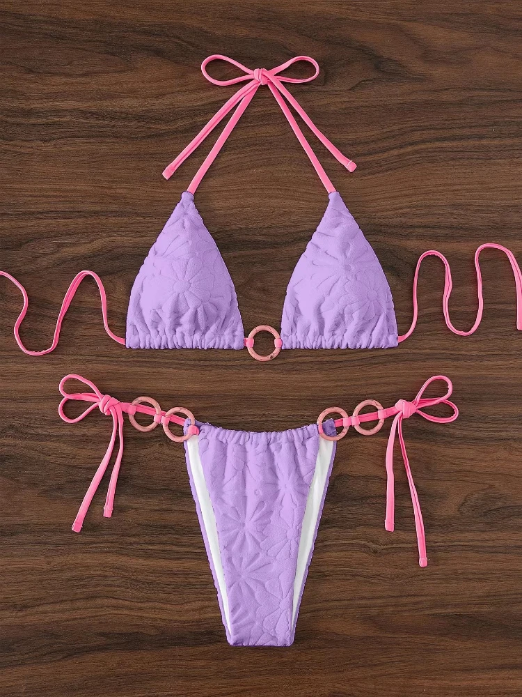 Suspenders Hanging Neck Swimwear Women Bikini Sets Beach Swimsuit Sexy Lace-up Solid Color Bathing Suit