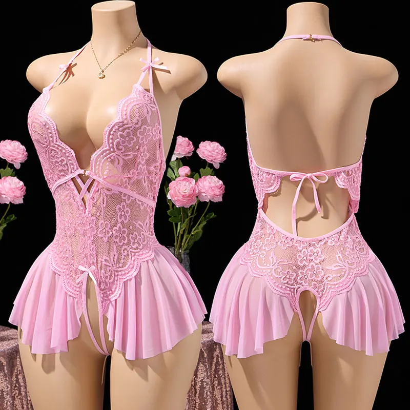 Pink Delicate Lingerie With Skirt Hem Front Buckle Bra And Panty Crotchless Set Women Drees Halter-neck Backless Sexy Underwear