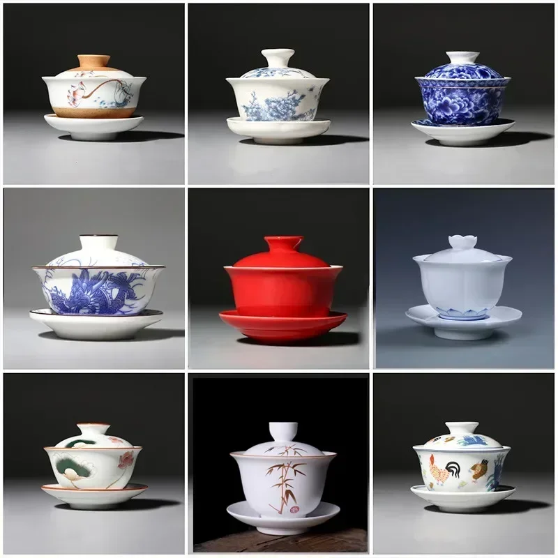 Jingdezhen-Chinese Gaiwan Tea Bowl, Household Porcelain Cups, Beautiful Teaware Teacup and Saucer Set, Ceramic Drinkware Tureen tea set