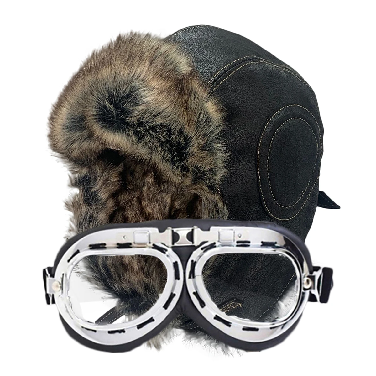 

Winter Hat Men Women's Pilot Aviator Bomber Trapper Hat Faux Fur Leather ski Cap with Ear Flaps Windproof Warm Hat