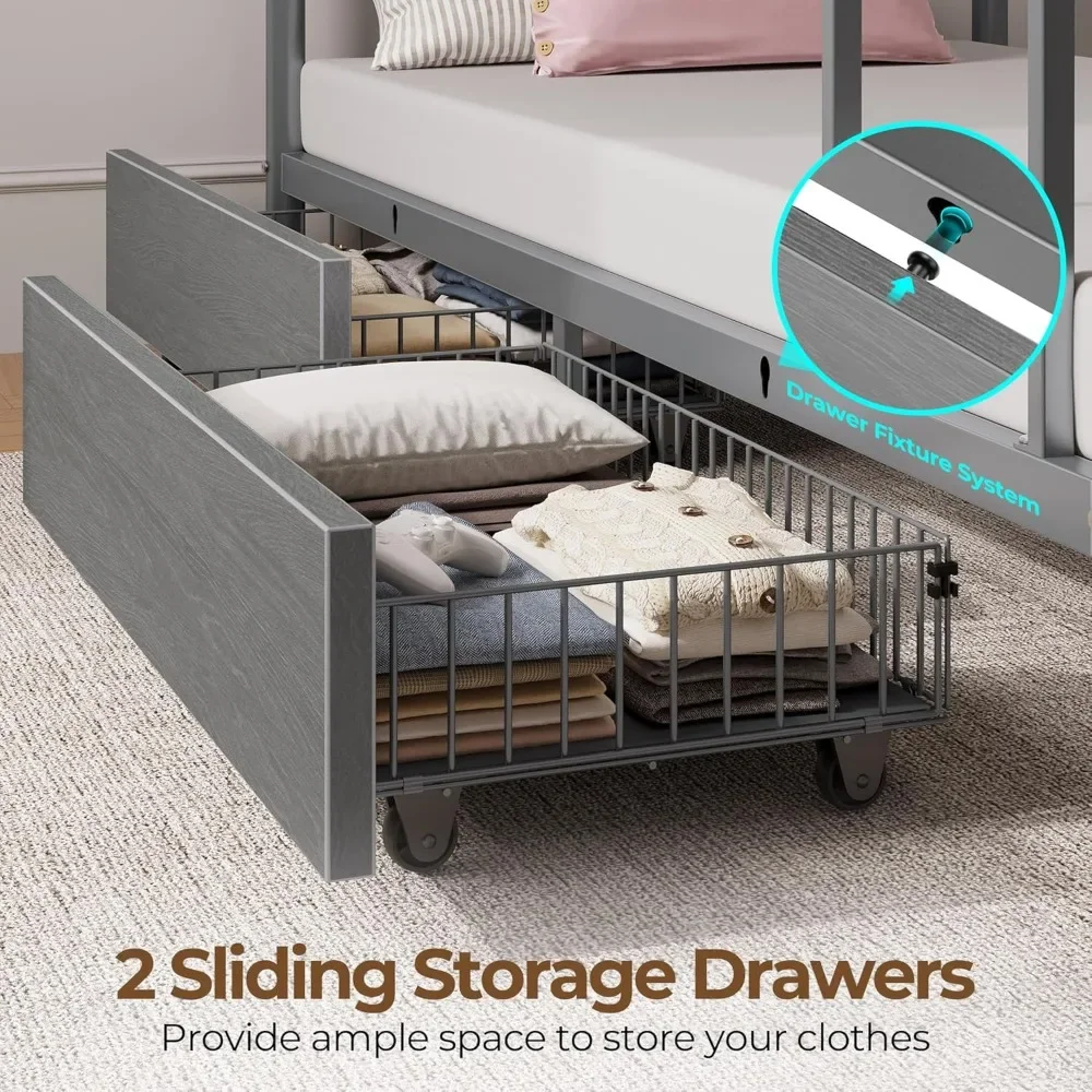 Metal Bunk Bed Twin Over Twin with USB Charging Station LED Bunk Bed with 2 Storage Drawers, Bed with Safety Guardrail & Ladders 5