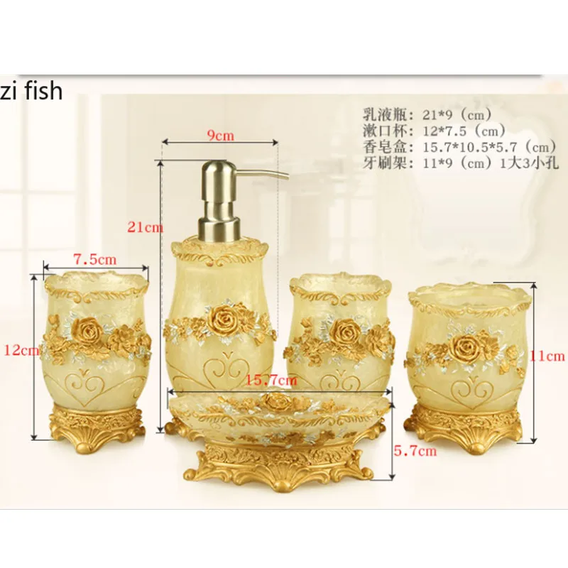 Bathroom Accessories Set European Resin Household Bathroom Set Soap Dispenser Tooth Brush Holder Cup Soap Dish Tray Toilet Brush Wastebin Storage Set