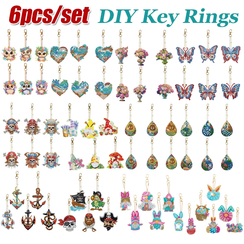 6pcs Diamond Art Keychains Handmade DIY Point Drill Key Ring