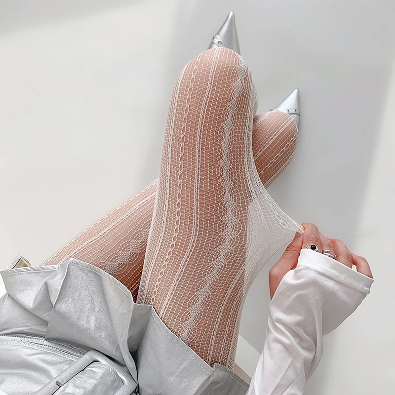 Fishnet Socks Lolita Womens Fishnet Tights Sexy Geometric Striped Pantyhose Rattan Mesh Lace Gothic Cute Seamless