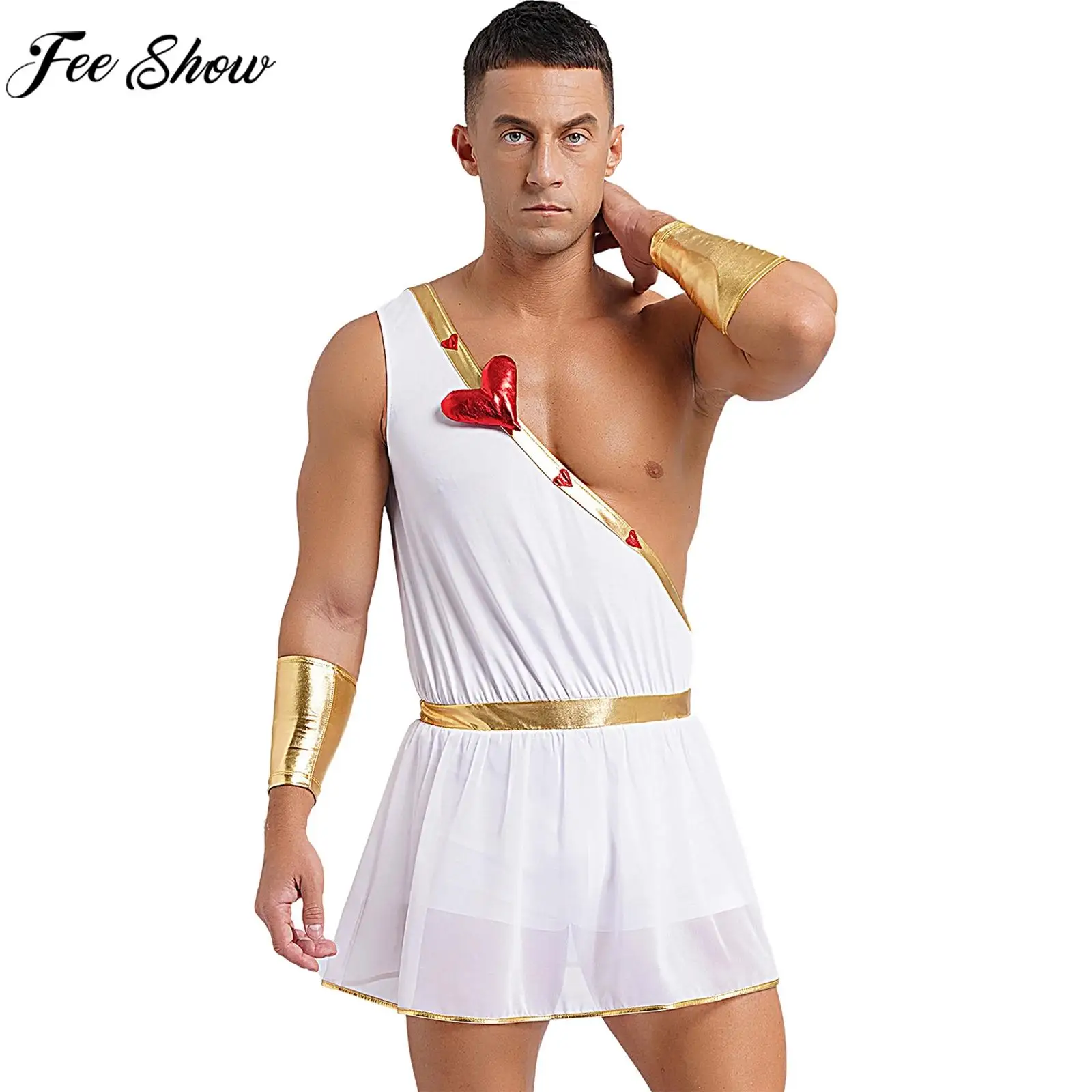 

Men Cupid God of Love Costume One Shoulder Jumpsuit with Sleeves Roman God of Desire Cosplay Bodysuit for Halloween Theme Party