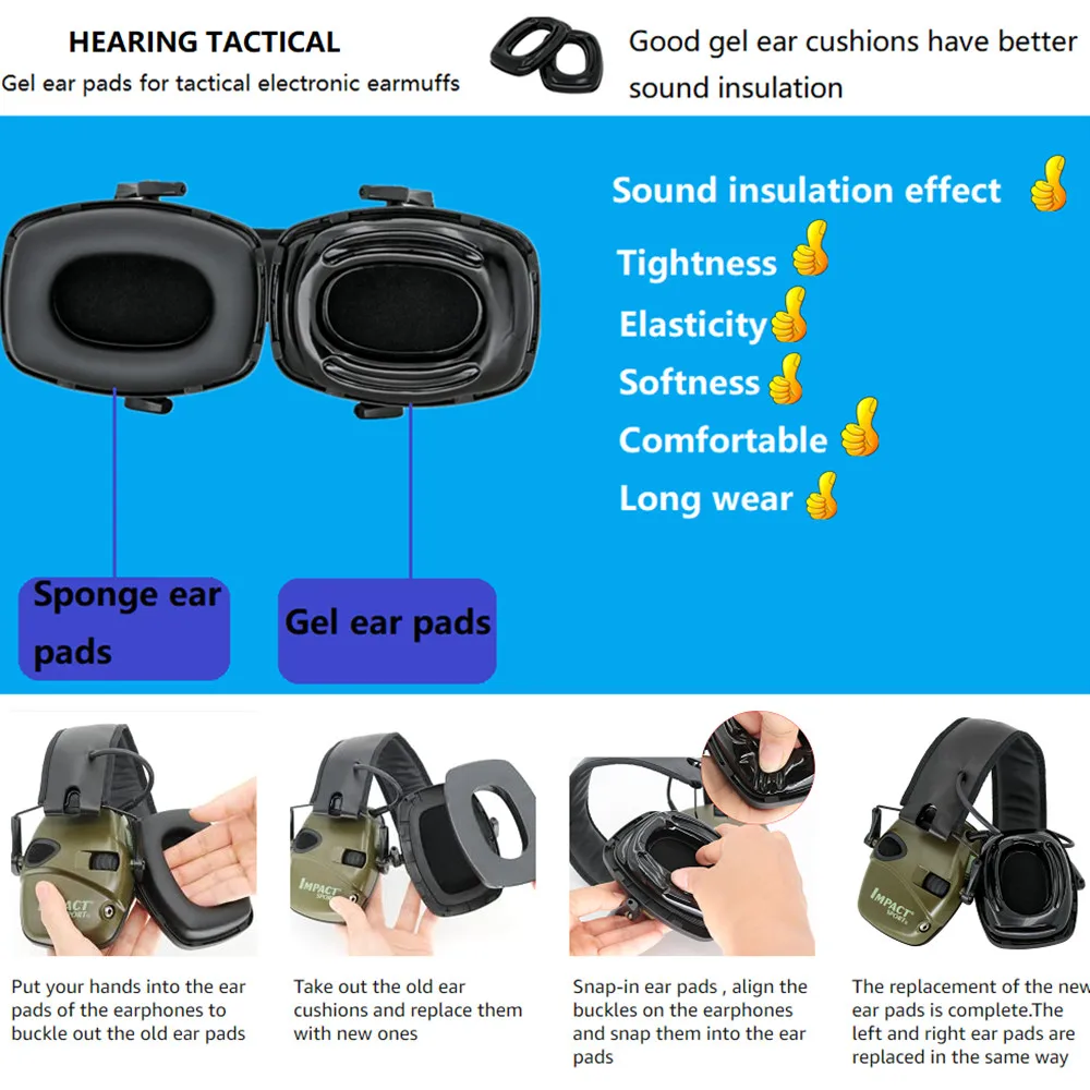 Noise Cancelling Gel Replacement Earmuffs Shooting Earmuffs for Howard Leight Impact Electronic Shooting Tactical Headphones