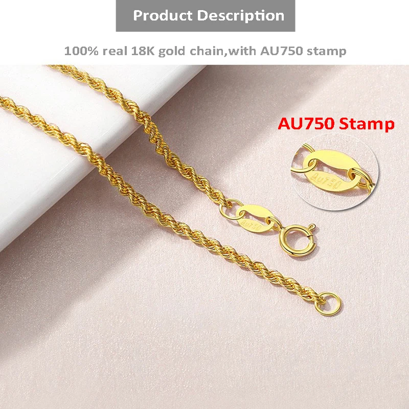 Real 18K Gold Twisted Chain Necklace Pure AU750 Simple