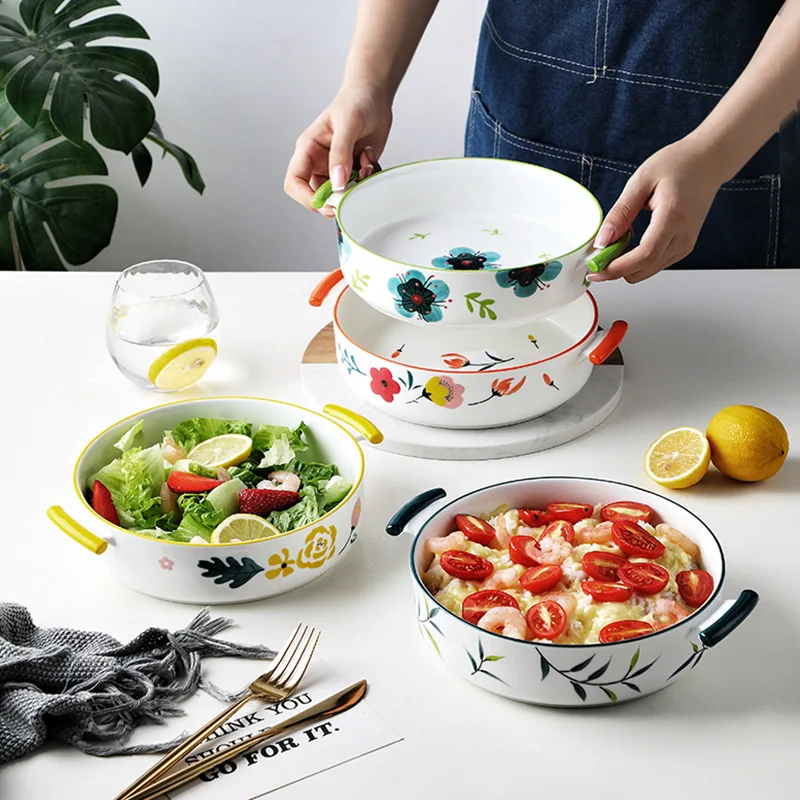 

Ceramic Tableware Double Ear Baking Bowl For Household Baking Dessert Bowl Children's Steamed Egg Bowl Microwave Oven Special