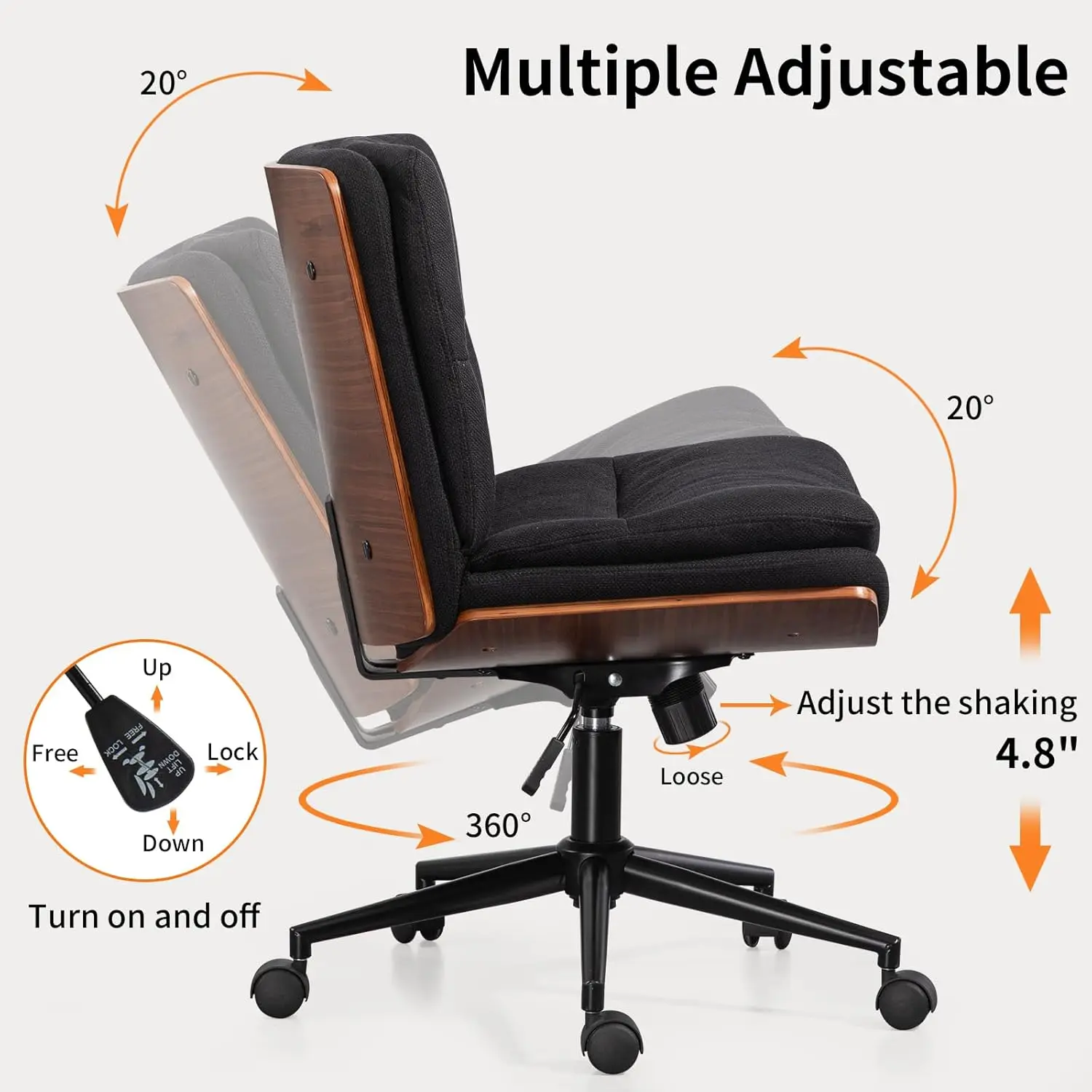 Armless Modern Walnut Office Desk Chair with Wheels, Adjustable Wide Swivel Task Chair, Ergonomic Cross Legged Fabric Chair for 5