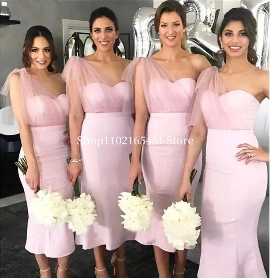 

Pink Mermaid Bridesmaid Dresses One Shoulder Ruched Tea Length Tulle Ruched Custom Made Plus Size Maid of Honor Gowns