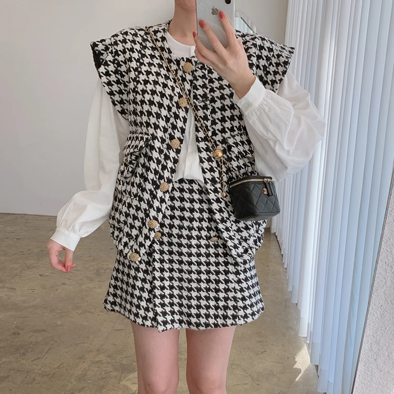 

Autumn Casual Houndstooth Tweed 2 Piece Set Women Sleeveless Loose Vest Coat + A-line Mini Skirt Vintage Korean Fashion Outfits