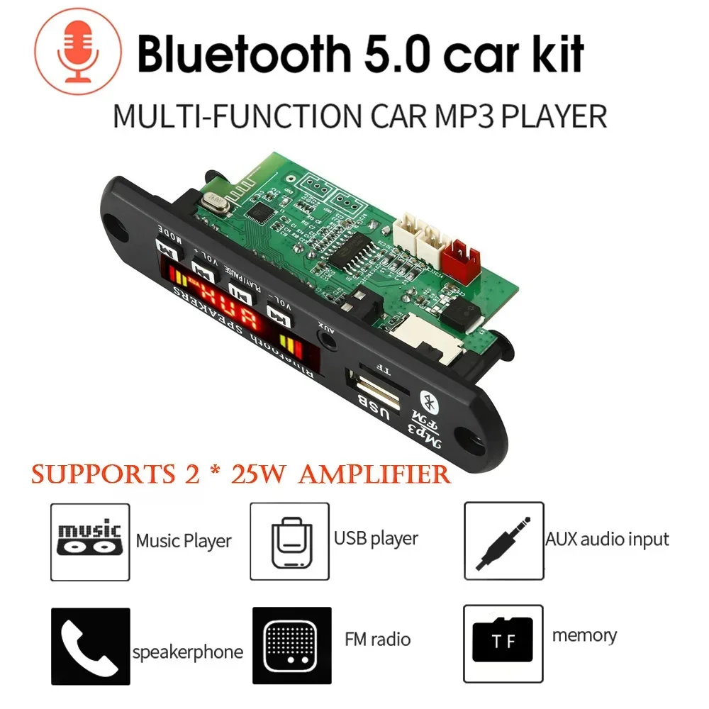 50W Amplifier 12V MP3 Decoder Board Bluetooth 5.0 Car Kit MP3 Player FM Radio TF USB 3.5mm AUX Module