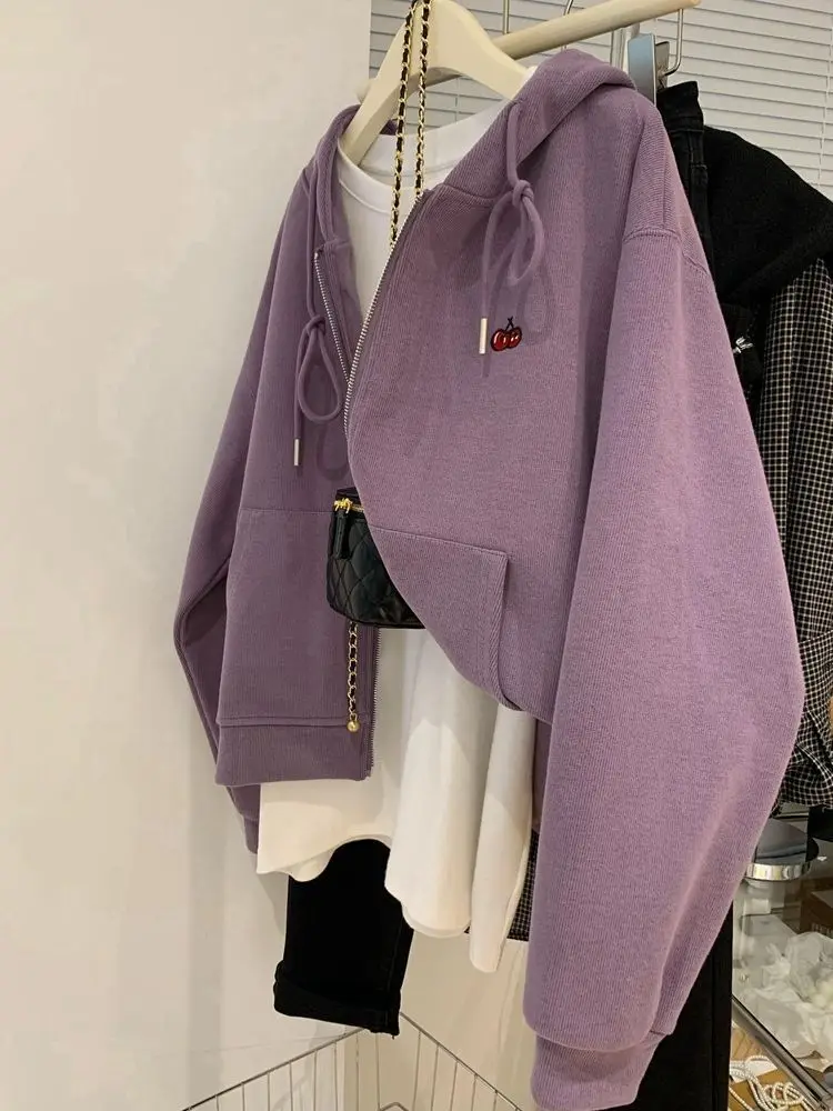 Women's Casual Sweet  Long Sleeve Solid Color Sweatshirts 2023 Autumn Winter Korean Style Top Female Fashion Purple Hoodies
