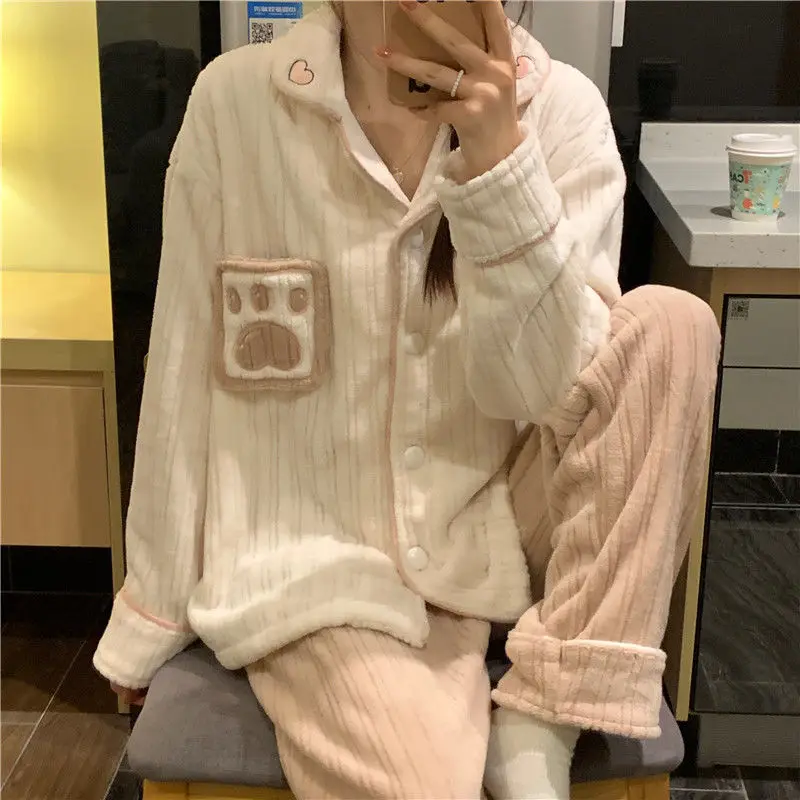 Flannel Pyjamas Women Warm Pijama Mujer Winter Cute Cardigan Loungewear Pijamas Sleepwear Kawaii Clothes Pijama Femme Ensemble