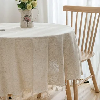 Tovaglia rotonda tinta unita tessuto di lino di cotone nappa copritavolo antipolvere per la decorazione del tavolo della fattoria da pranzo della cucina 1