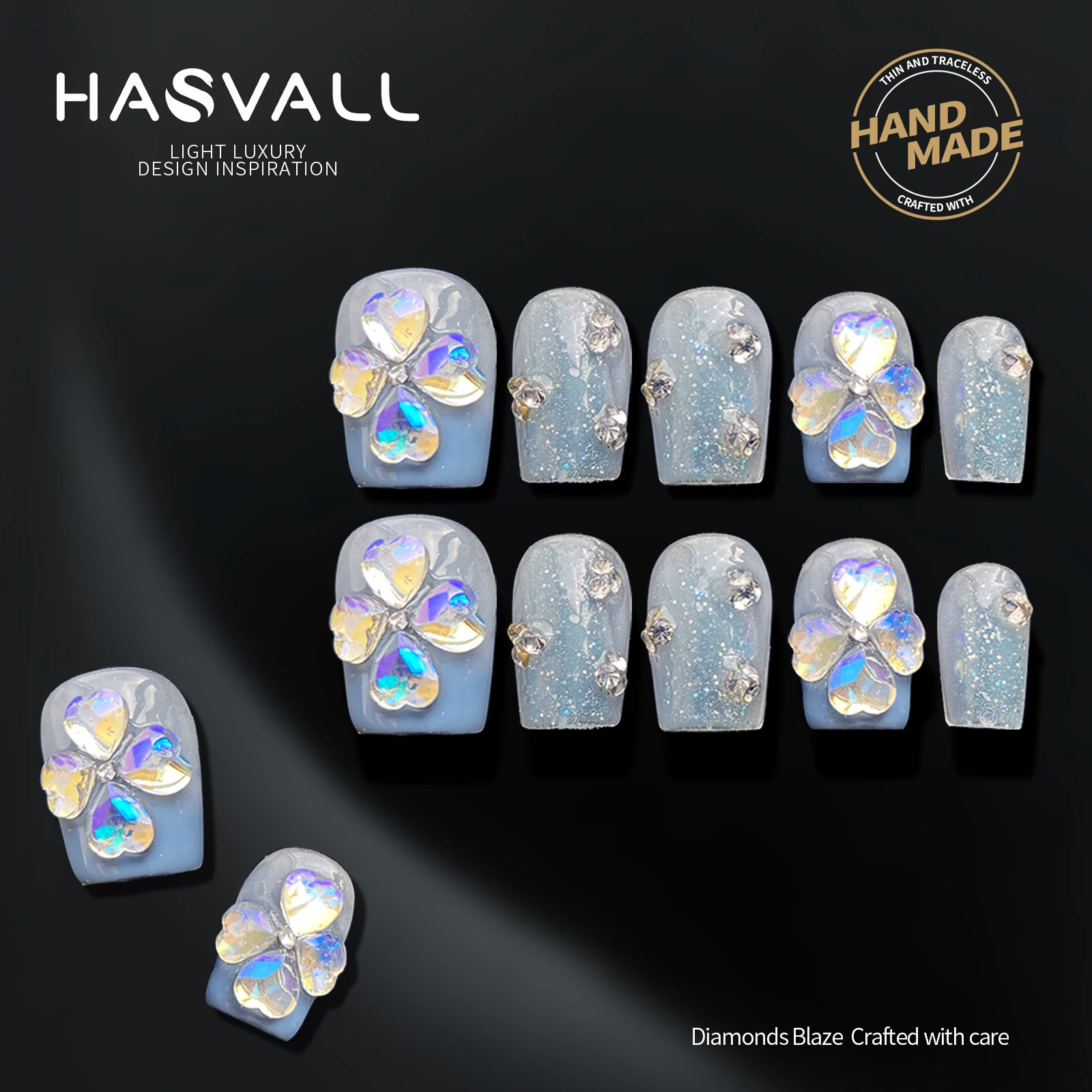 

HASVALL Handmade Press on Nails 3D Hand-Painted Gel UV Finish False Nails Short Square Lucky Clover Aurora Diamonds Nail Art