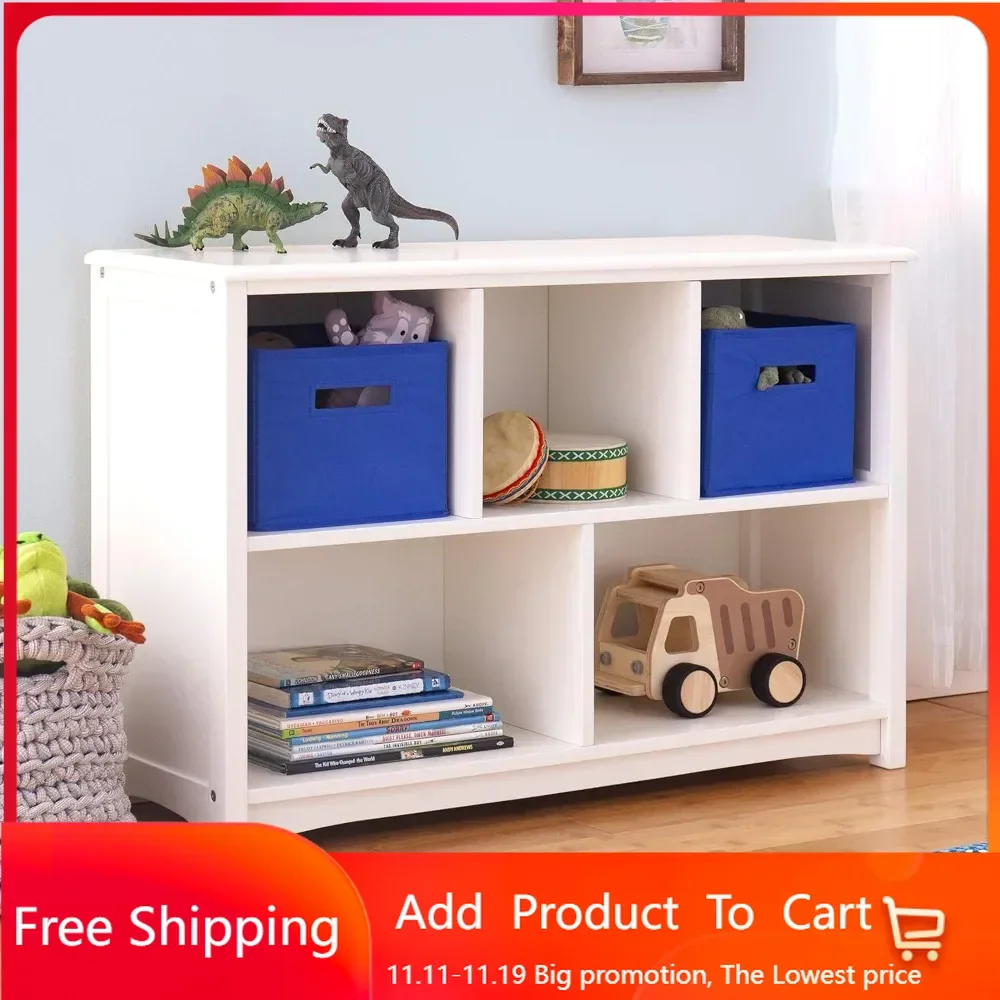 Classic White Bookshelf: Children's 5 Compartment Toy, Bin, Art, Clothes and Book Storage-Wooden Playroom and Bedroom