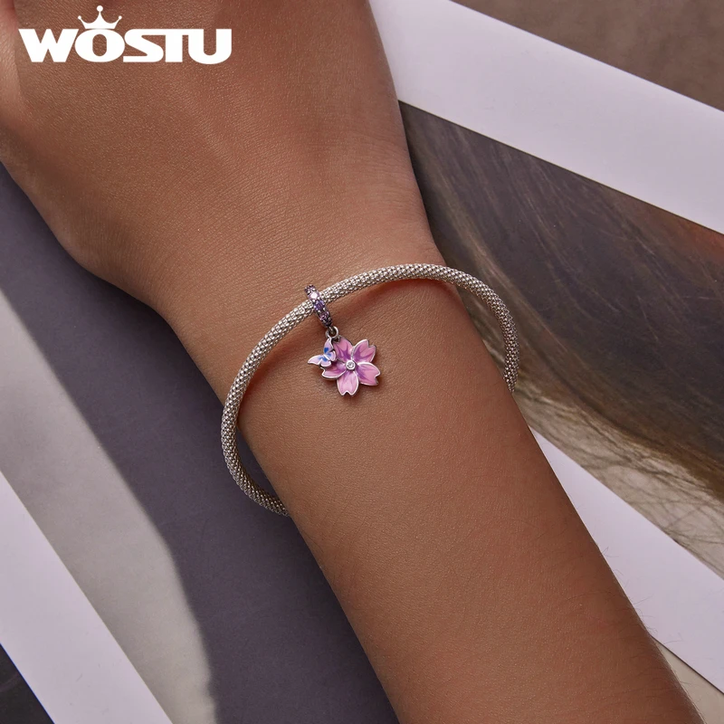 WOSTU 나비 핑크 퍼플 꽃 매력 비드 펜던트에 맞게 원래 팔찌 목걸이 여성 쥬얼리 C2185