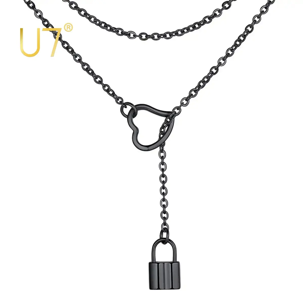 U7 Custom Lariat Y Necklace for Women Heart Lock Padlock Drop Pendant Necklace Looped Open Front Adjustable Long Chain Jewelry