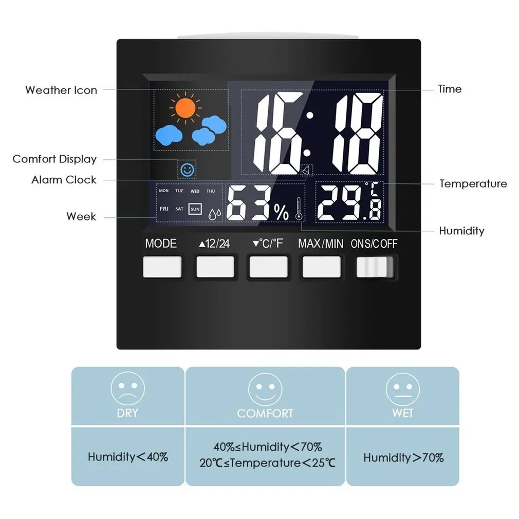 Digital Clock Thermometer Hygrometer Weather Station Alarm Clock Temperature Gauge Colorful LCD Calendar Voice-activated lcd digital clock,weather clock,digital desk clock,digital clock,weather station display,mini weather clock,digital table clock